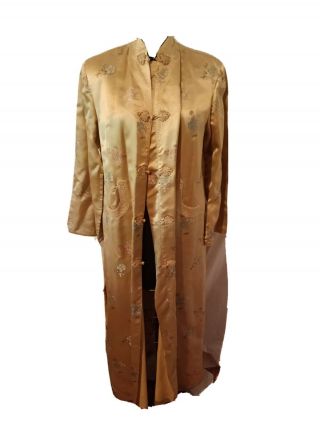 Vintage Large Chinese Gold Embroidered Silk Long Cheongsam Robe Jacket Sz 40