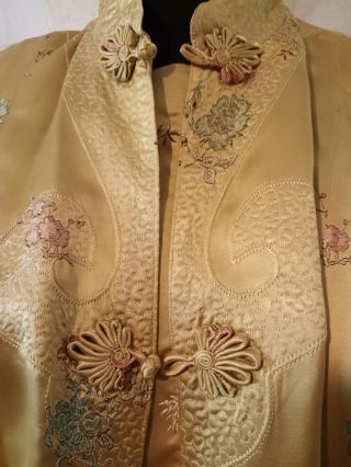 Vintage Large Chinese Gold Embroidered Silk Long Cheongsam Robe Jacket SZ 40 3