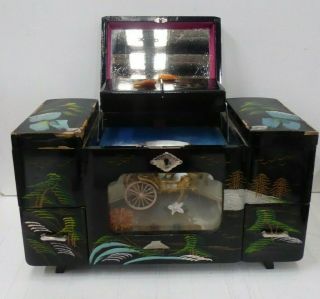 Vintage Japanese Lacquer Box Musical Jewellery Case Hand Painted Rickshaw Statue