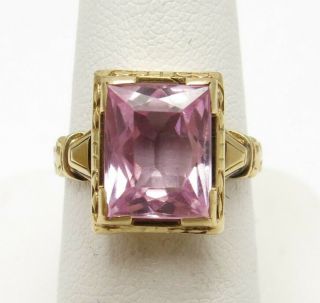 Vintage 14k Yellow Gold Rectangle Pink Sapphire Art Deco Ring Size 5.  75