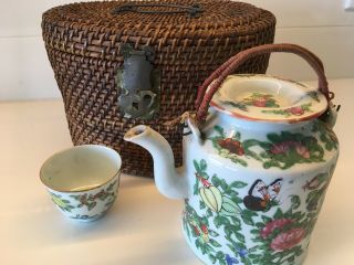 Antique Chinese Porcelain Tea Set With Wicker Basket