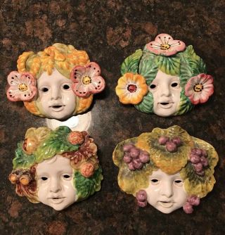 Vintage Set Of 4 Neiman Marcus Italian Ceramic Four Seasons Masks Hand Painted