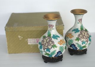 Vintage Cloisonne Vases Pair W/box Stand People 