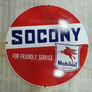 Socony Mobil Friendly 30 Inches Round Vintage Enamel Sign