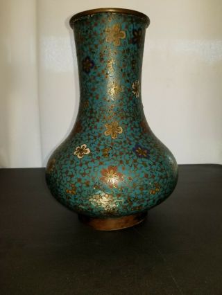 Antique Chinese Painted Brass Vase With Flowers 11.  5 "