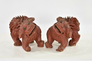 Pair Antique Chinese Red Wooden Carved Statue Animal Foo Dog / Lion
