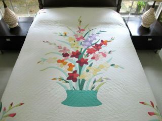 Vintage Hand Sewn & Quilted Applique Garden Pot Of Pansies (?) Quilt; 90 " X 79 "