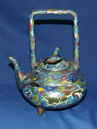 Antique Chinese Cloisonne Very Large Handled Footed 10 1/2 " High Teapot