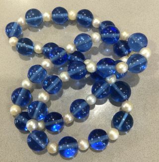 Antique Vintage Chinese Blue Peking Glass Bead Pearl Necklace