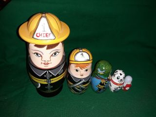 Female Firefighters.  Unusual Set Of 5 Nesting Dolls Hand Crafted
