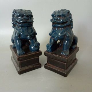 Chinese Old Pair Blue Glazed Porcelain Foo Dogs Statues