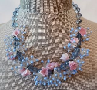 Vintage Art Deco Czech Glass Flower Necklace / Lampwork Flowers / Beads