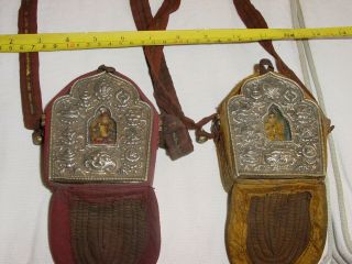 2 Antique Tibetan Gao Gau Silvered Prayer Box W.  Carrying Pouch Hg