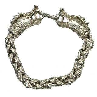 Antique Chinese Chain Bracelet With Opposing Dragons - Vintage Asian Silver Tone