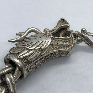Antique Chinese Chain Bracelet With Opposing Dragons - Vintage Asian Silver Tone 2