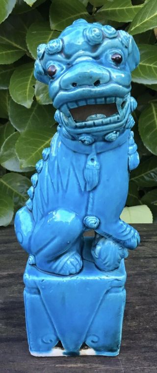 Old Early - Mid 20th Century Chinese Ceramic Turquoise Foo Dog Lion Figure 9.  75”