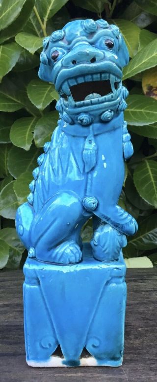 Old Early - Mid 20th Century Chinese Ceramic Turquoise Foo Dog Lion Figure 9.  75” 2