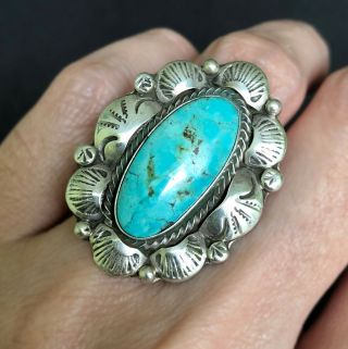 Vintage Navajo Sterling Silver Natural Blue Royston Turquoise Large Ring Sz - 6.  25