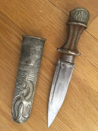 Small Antique Dagger - Silver Dragon Knife And Sheath - Tibet 19c