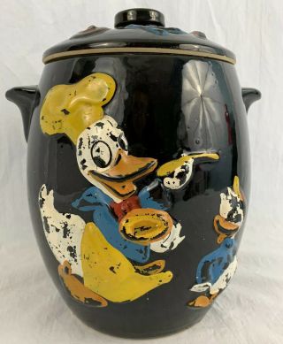 Vintage Walt Disney Donald Duck And Nephew Cookie Jar Black Pottery 1950s