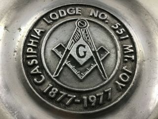Vintage PEW - TA - REX Pewter Masonic Plate Casiphia Lodge 551 Mt.  Joy 1877 - 1977 6” 3