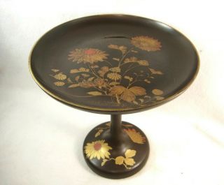 Antique Japanese Brown Lacquer Buddhist Altar Offering Stand Chrysanthemum