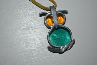 Vintage Owl Necklace Silver Tone Stained Glass Handmade Pendant Charm Leather 2