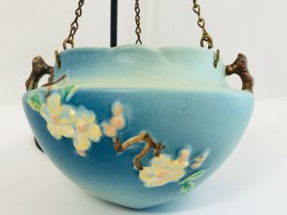 Vintage Roseville Pottery Apple Blossom Hanging Basket Blue C1948 Usa W/ Chain