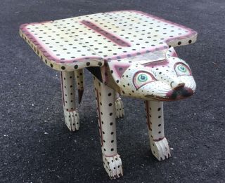 Indonesian Drop Leaf Cat Table - Hand Carved Painted Wooden Leopard Accent Table