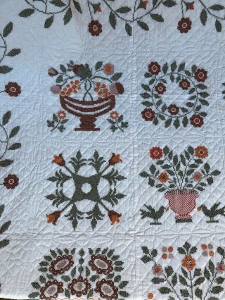 Vintage Blanket Quilt Homemade - Cross Stitch Needlepoint Floral 102X98 3