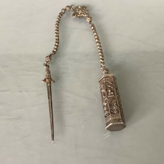 Antique Qing Dyn.  Chinese Silver Opium Container On Chain And Sword