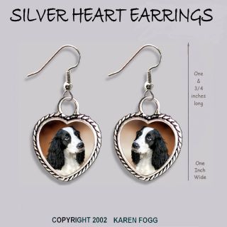 English Springer Spaniel Dog Black White - Heart Earrings Ornate Tibetan Silver
