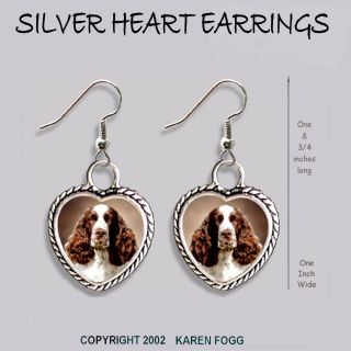 English Springer Spaniel Dog Red White - Heart Earrings Ornate Tibetan Silver