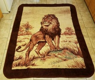 San Marcos Vintage Blanket Lion On Rock Burgundy Beige Large 84 X 64 Reversible
