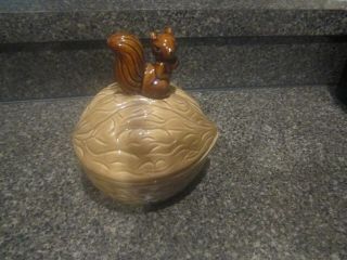 Vintage Ceramic Squirrel On Walnut Lidded Dish Bowl Candy Nuts Taiwan