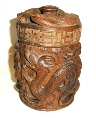 A Very Unusual Antique Chinese Carved Wood Dragon Detail Pot With Lid
