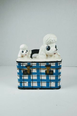 Vtg - Enesco White Poodles In Carrier Purse Ceramic Bank Dog Figurine - Japan
