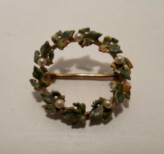 Vintage - Victorian - Seed Pearl - Enamel - 14k Yellow Gold - Circle Leaf Wreath Small Pin