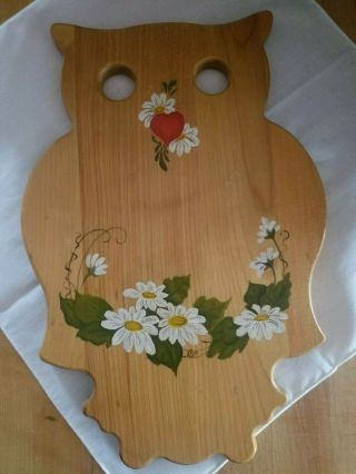Vtg 1980s Wood Owl Wall Plaque Hanging Decor Hand Painted Floral Boho