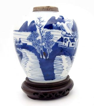 Antique Chinese Kangxi Period Blue And White Porcelain Ginger Jar