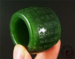 Fine Old Chinese Spinach Green Jade Carved Thumb Ring Verses Engraved