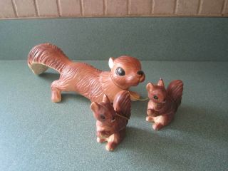 Vintage Ceramic Figurine Mother And 2 Babies On Leash Porcelain Squirrel Forest