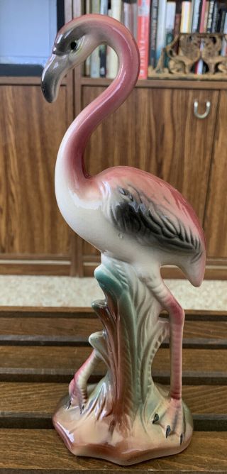 Vintage Mid - Century Porcelain Pink Flamingo Ceramic Figurine 10”