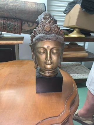 Bronze Buddha Head With Wooden Base