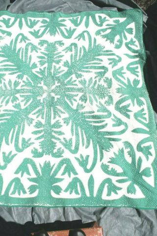 Vintage Hawaiian Quilt Authentic Green And White Handmade From An Estate No Res