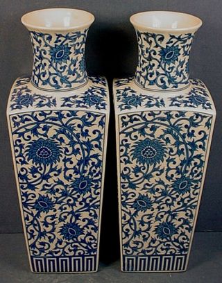 Pair Vintage Chinese Blue & White Porcelain Square Tapering ‘lotus Scroll’ Vases