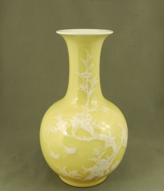 Chinese Yellow Porcelain Vase Raised White Enamel Flowers & Birds Blue Seal Mark