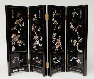 Vintage Fine Chinese Lacquered Wood & Mother - Of - Pearl Four - Panel Screen 18 " Tall