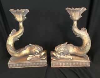 Vintage Antique Chinese Koi Fish Candlestick Gold Bookends Figurines Heavy