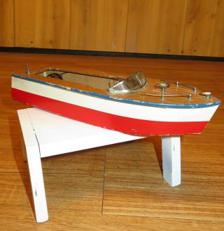 Vintage Wood Boat With Motor & Stand Made In Japan
